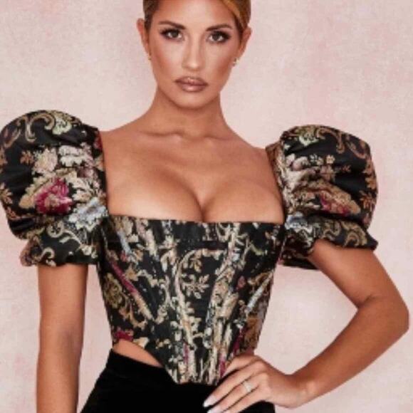 BOUTIQUE PUFF SLEEVE BUSTIER BROCADE JACQUARD CROP TOP, MEDIUM - Picture 9 of 10